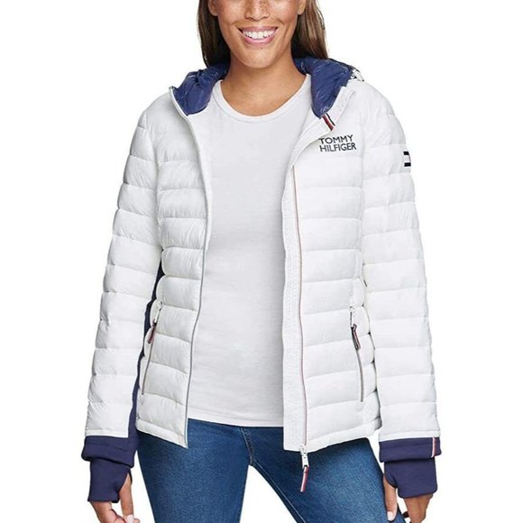 Tommy Hilfiger Womens Packable Hooded Puffer Jacket White Navy Blue Size Large - Picture 5 of 11